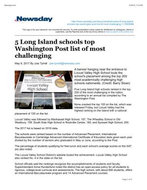 May 9, 2017 – 5 Long Island Schools Top Washington Post List of Most