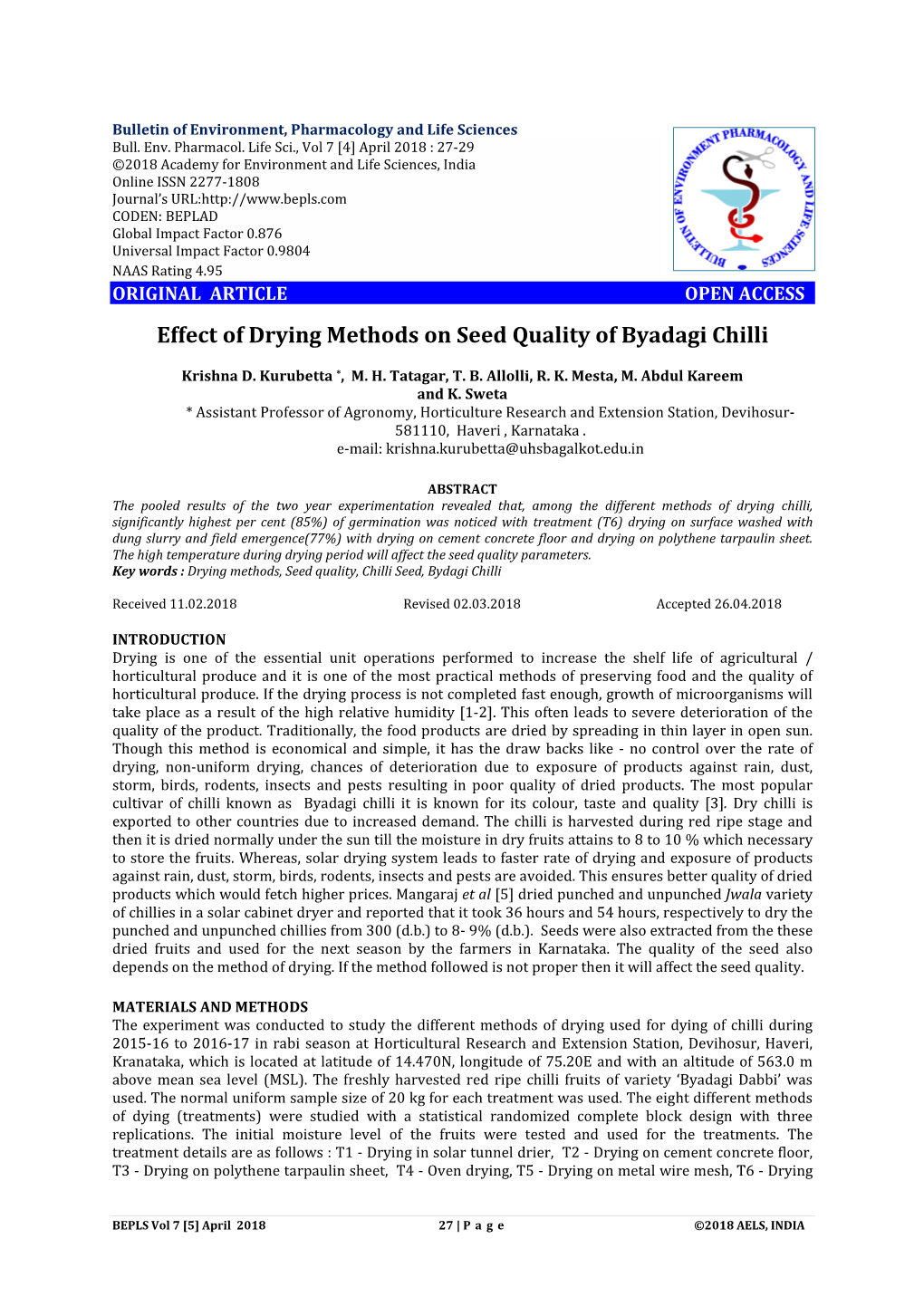 Effect of Drying Methods on Seed Quality of Byadagi Chilli