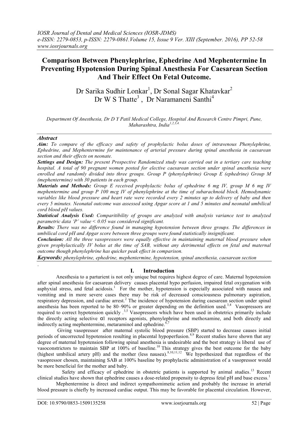 Comparison Between Phenylephrine, Ephedrine and Mephentermine In