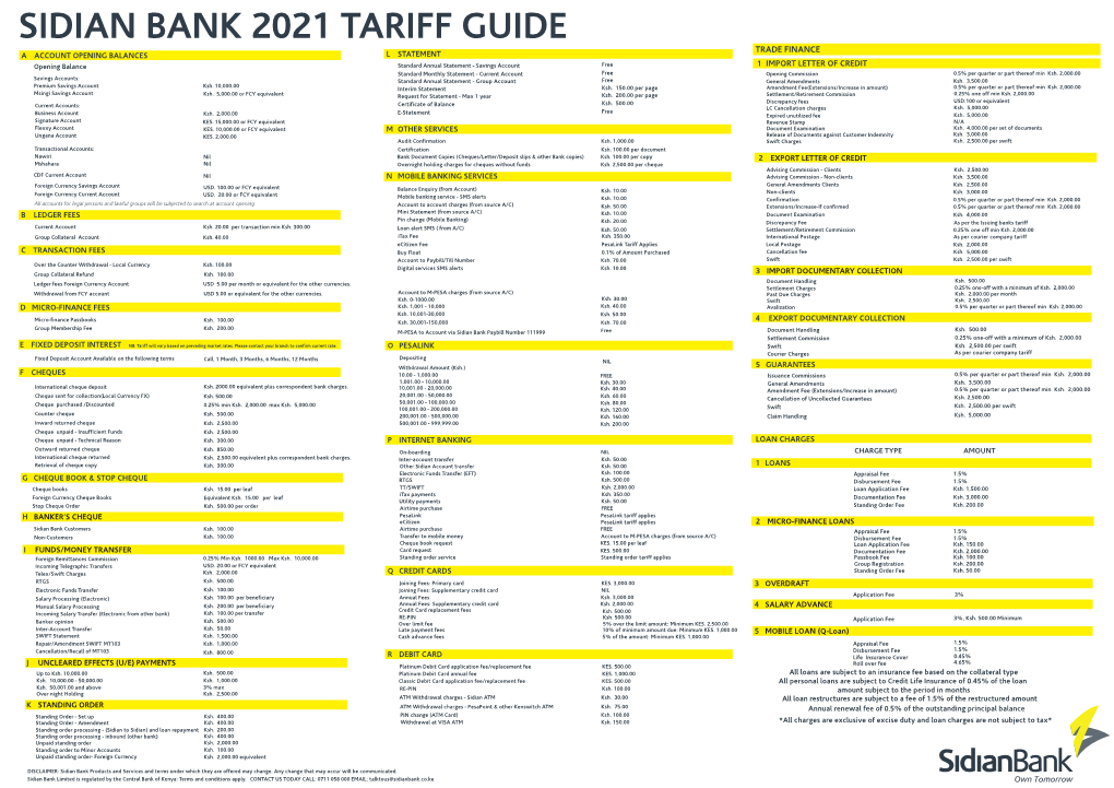 Sidian Bank – Tarrif Guide