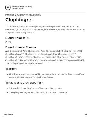 Clopidogrel | Memorial Sloan Kettering Cancer Center
