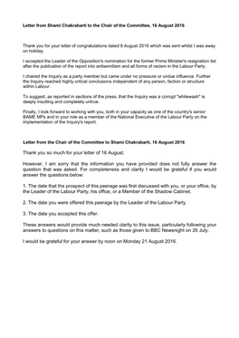 Letter from Shami Chakrabarti to the Chair of the Committee, 16 August 2016