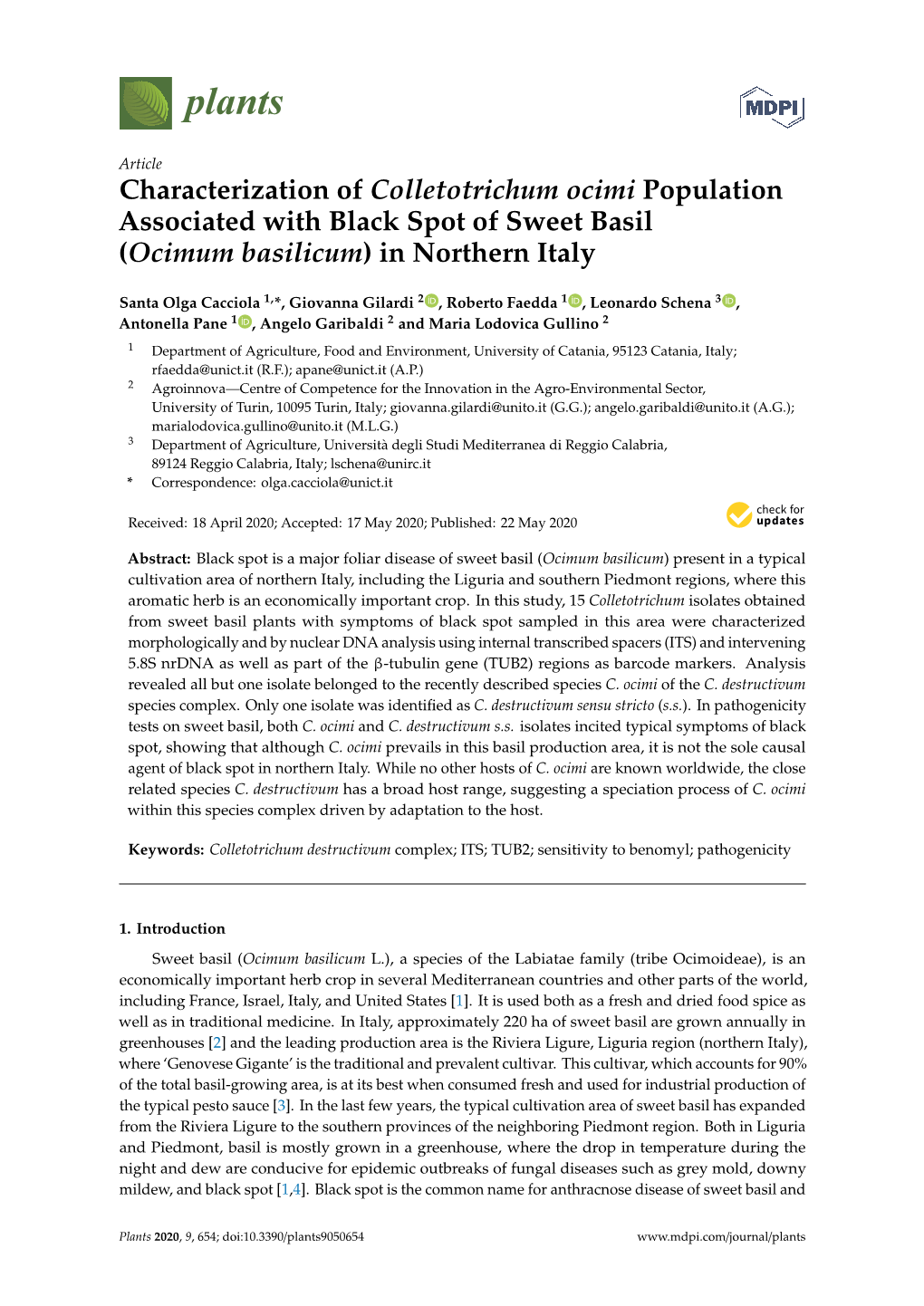 Characterization of Colletotrichum Ocimi Population Associated with Black Spot of Sweet Basil (Ocimum Basilicum) in Northern Italy
