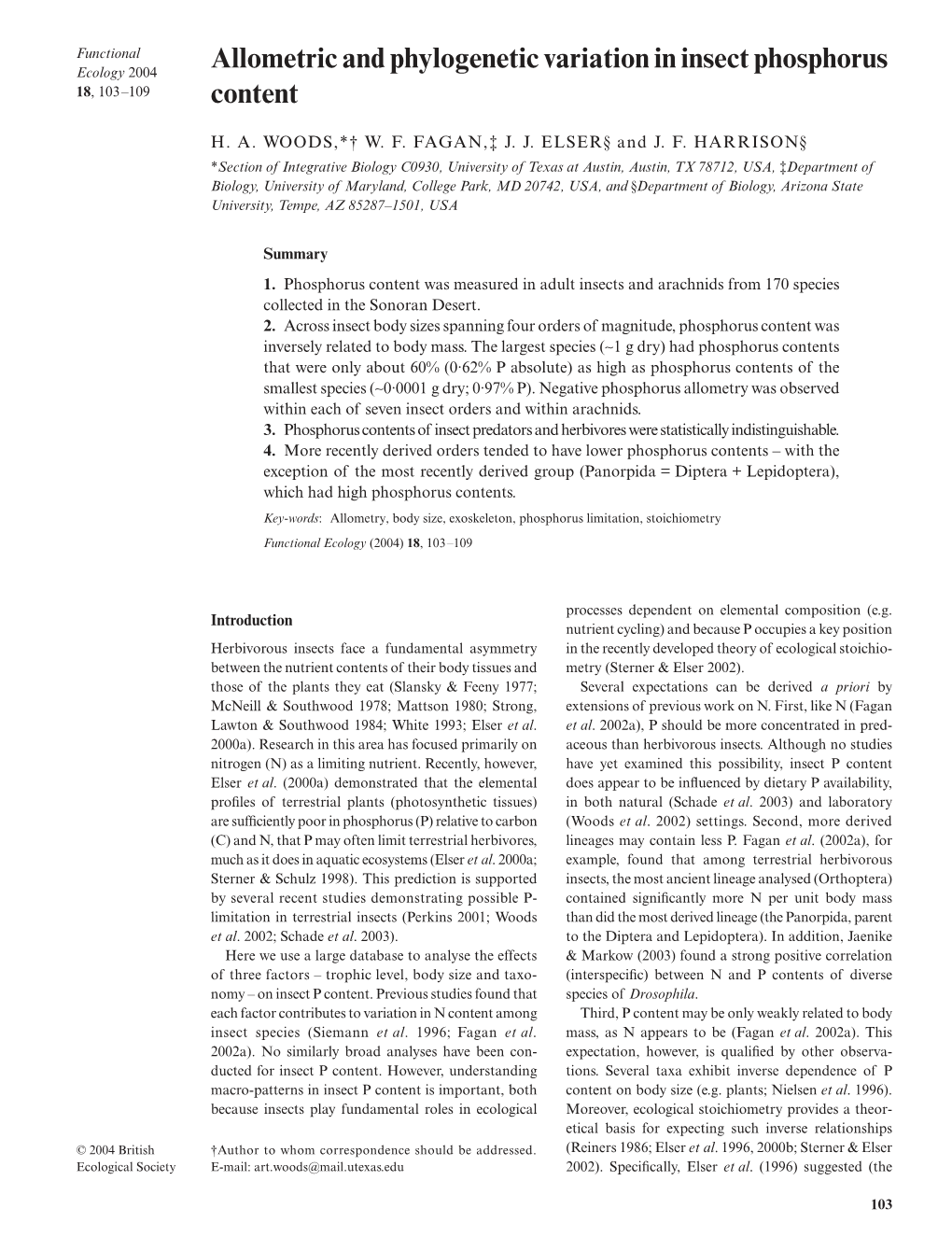 Allometric and Phylogenetic Variation in Insect Phosphorus 18, 103–109 Content