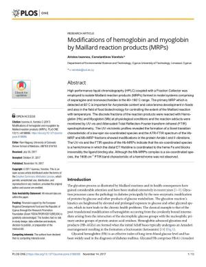 Modifications of Hemoglobin and Myoglobin by Maillard Reaction Products (Mrps)