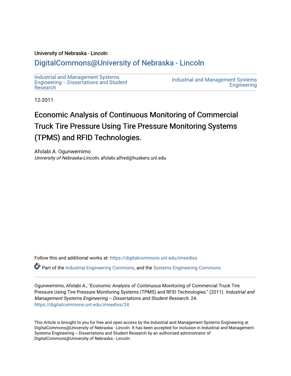 Economic Analysis of Continuous Monitoring of Commercial Truck Tire Pressure Using Tire Pressure Monitoring Systems (TPMS) and RFID Technologies