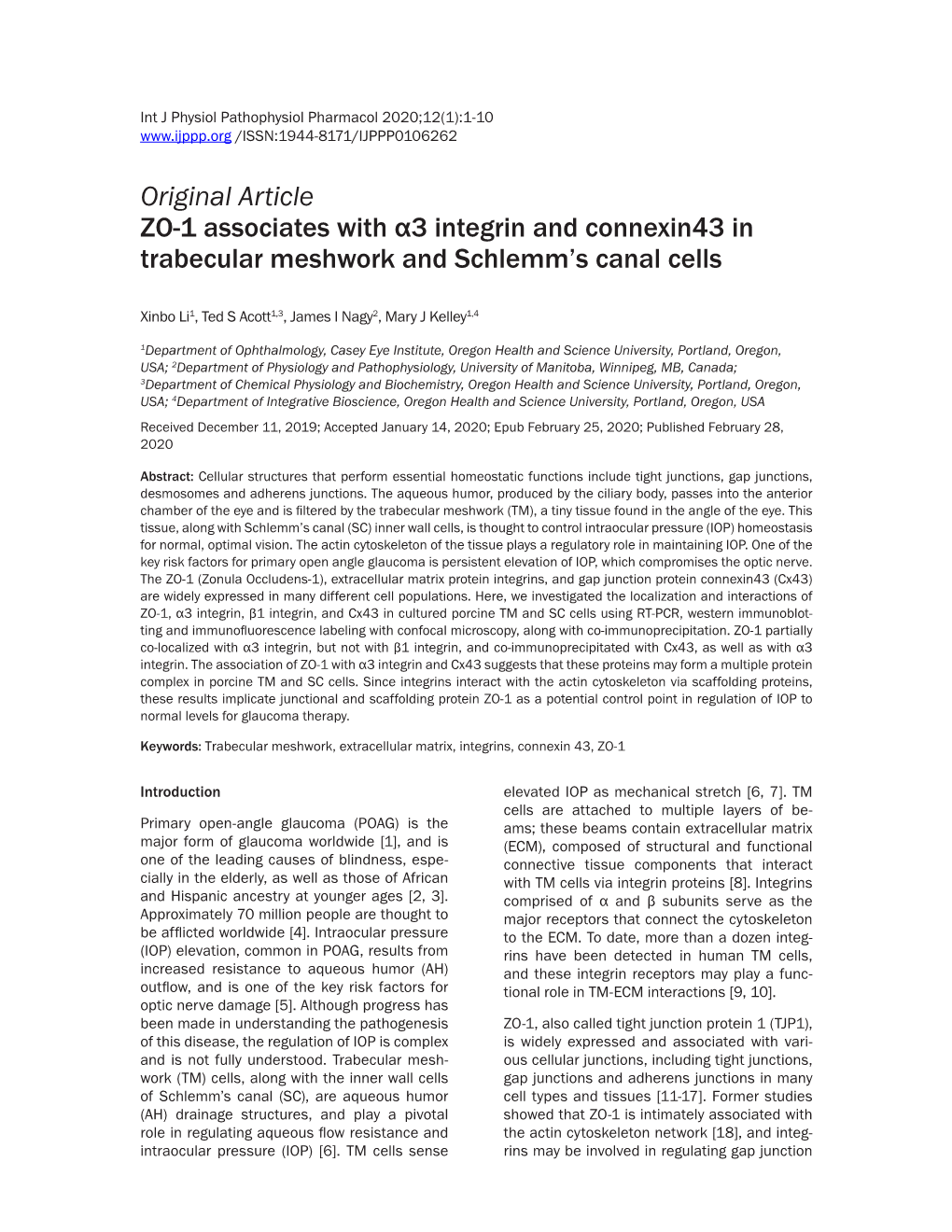 Original Article ZO-1 Associates with Α3 Integrin and Connexin43 in Trabecular Meshwork and Schlemm’S Canal Cells