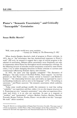 Pinter's "Semantic Uncertainty" and Critically "Inescapable" Certainties