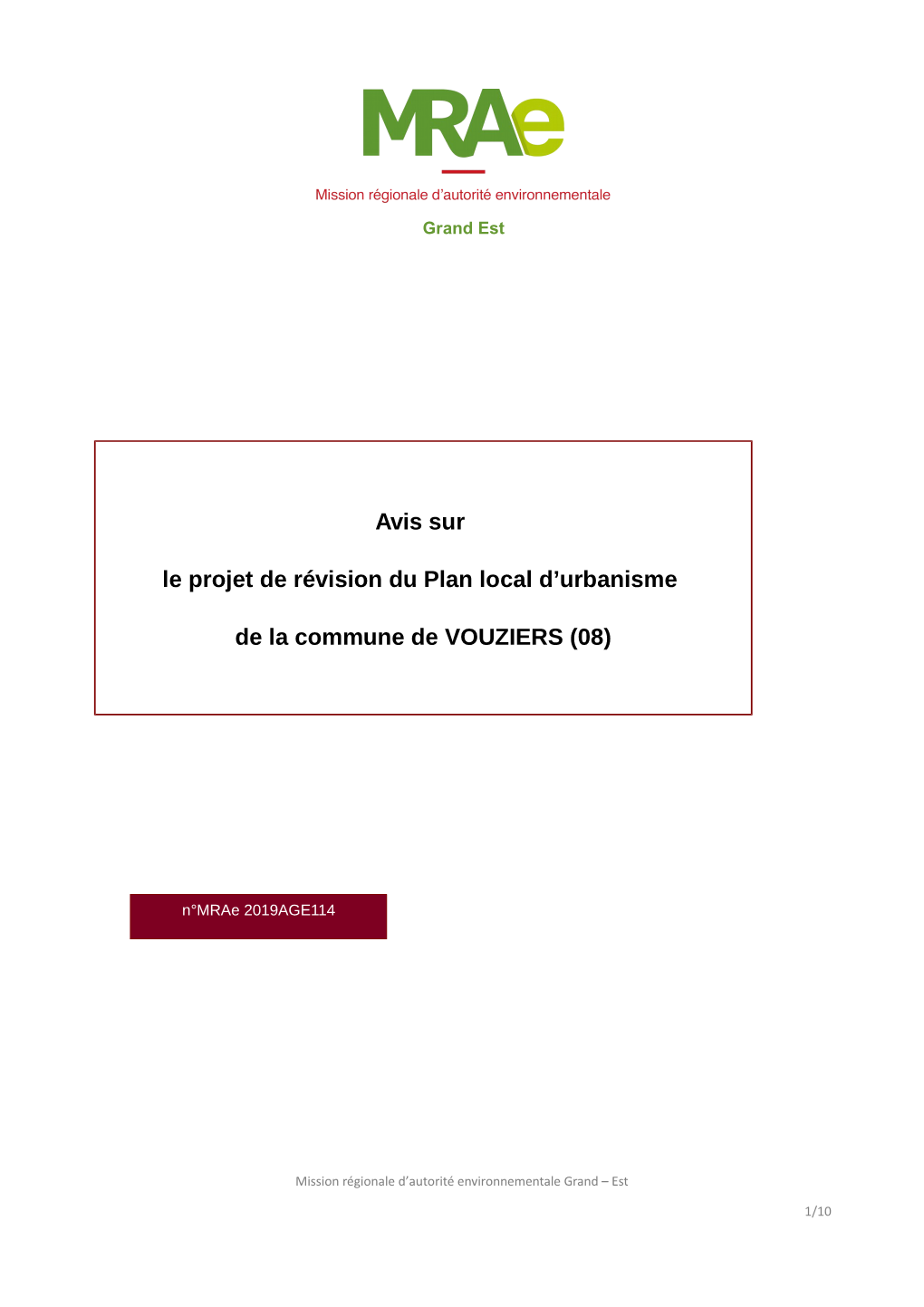 Avis Sur Le Projet De Révision Du Plan Local D'urbanisme De La Commune