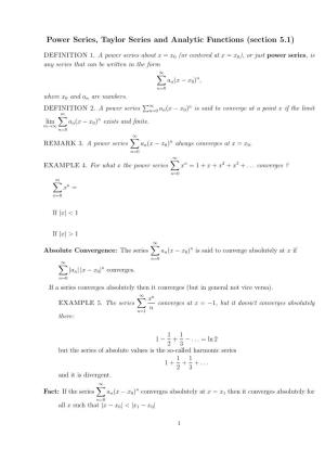 Power Series, Taylor Series and Analytic Functions (Section 5.1)