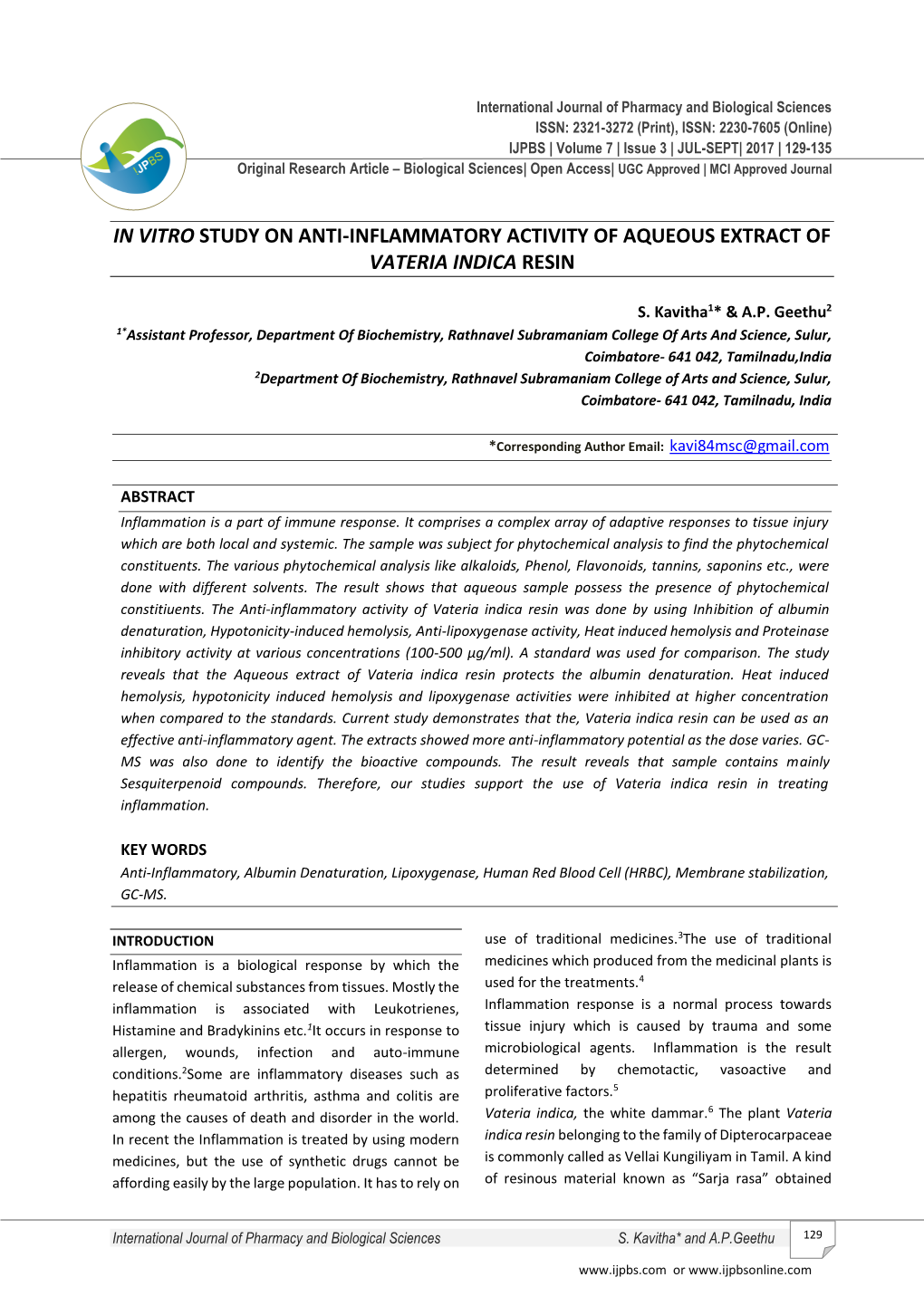 In Vitro Study on Anti-Inflammatory Activity of Aqueous Extract of Vateria Indica Resin