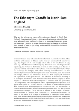 The Ethnonym Geordie in North East England Michael Pearce University of Sunderland, UK