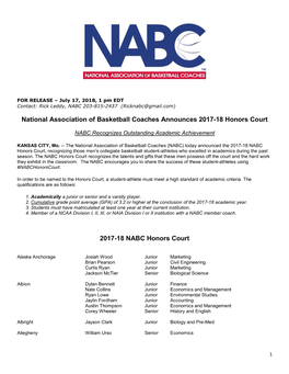 National Association of Basketball Coaches Announces 2017-18 Honors Court 2017-18 NABC Honors Court