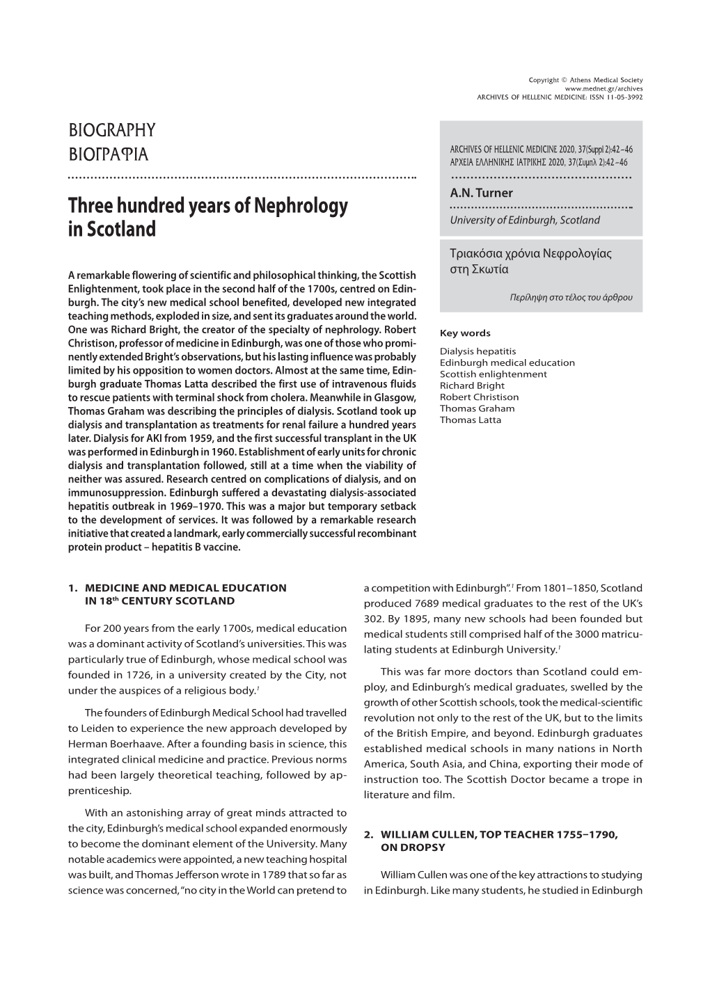 Three Hundred Years of Nephrology in Scotland