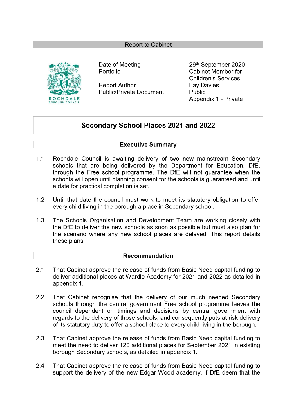 Secondary School Places 2021 and 2022
