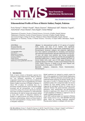 Ethnomedicinal Profile of Flora of District Sialkot, Punjab, Pakistan
