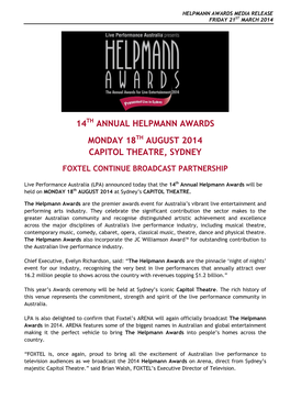 14Th ANNUAL HELPMANN AWARDS MONDAY 18Th AUGUST CAPITOL THEATRE, SYDNEY