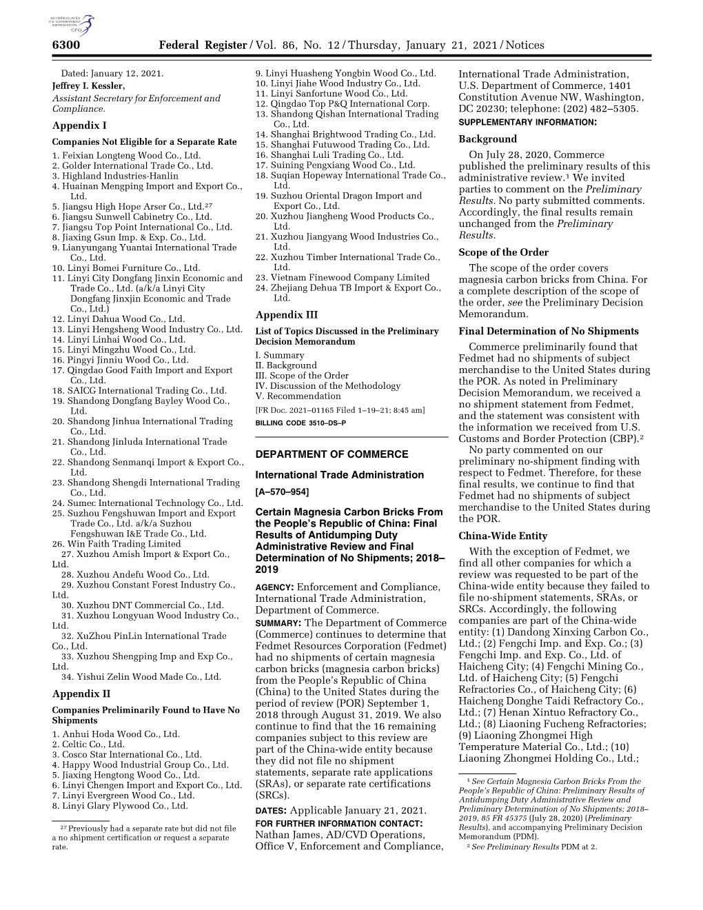 Federal Register/Vol. 86, No. 12/Thursday, January 21, 2021