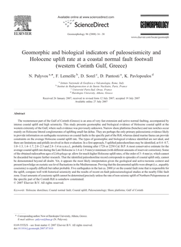 Geomorphic and Biological Indicators of Paleoseismicity and Holocene Uplift Rate at a Coastal Normal Fault Footwall (Western Corinth Gulf, Greece) ⁎ N