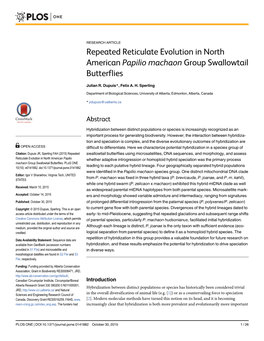 Repeated Reticulate Evolution in North American Papilio Machaon Group Swallowtail Butterflies