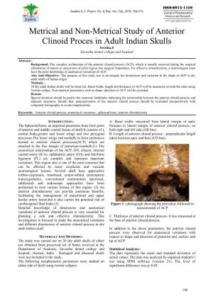 Metrical and Non-Metrical Study of Anterior Clinoid Proces in Adult Indian Skulls Swetha.S Saveetha Dental College and Hospital