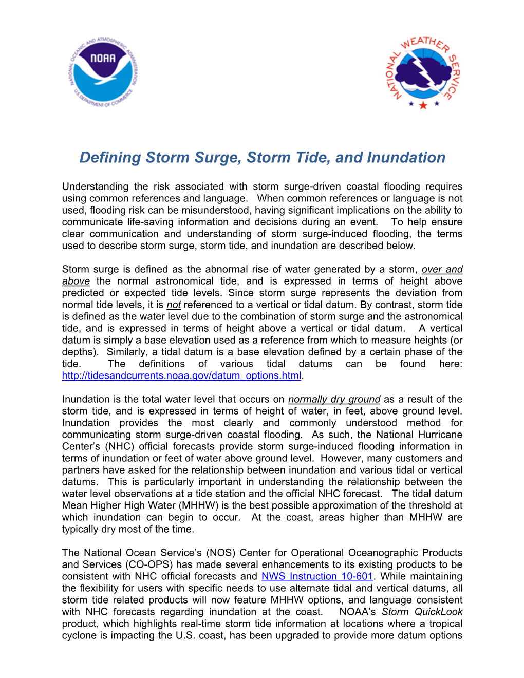 Defining Storm Surge, Storm Tide, and Inundation