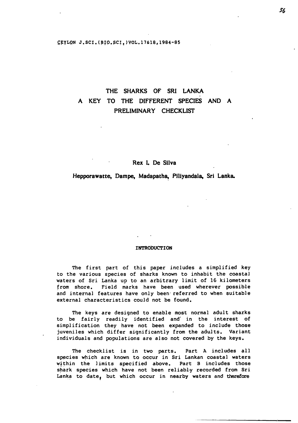 The Sharks of Sri Lanka a Key to the Different Species and a Preliminary Checklist