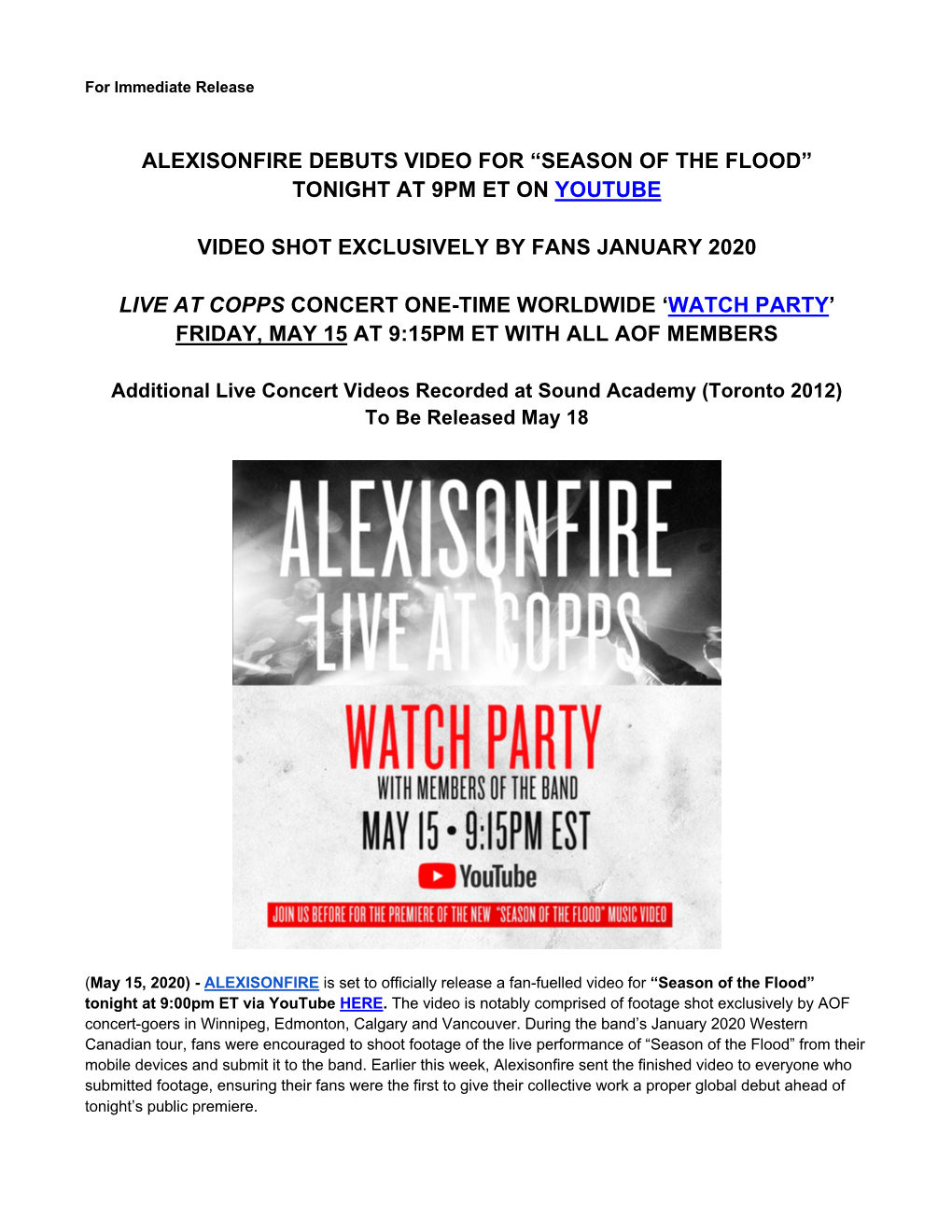 Alexisonfire Debuts Video for “Season of the Flood” Tonight at 9Pm Et on Youtube