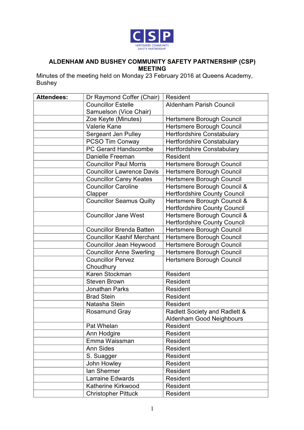 Aldenham and Bushey CSP Minutes 23 February 2016