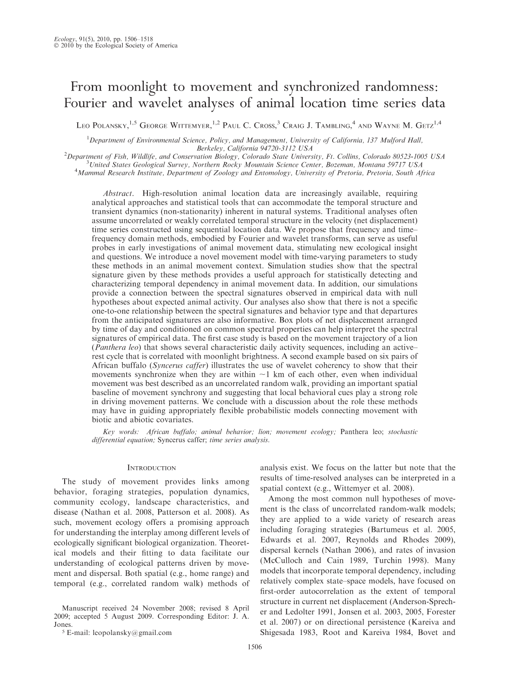 From Moonlight to Movement and Synchronized Randomness: Fourier and Wavelet Analyses of Animal Location Time Series Data