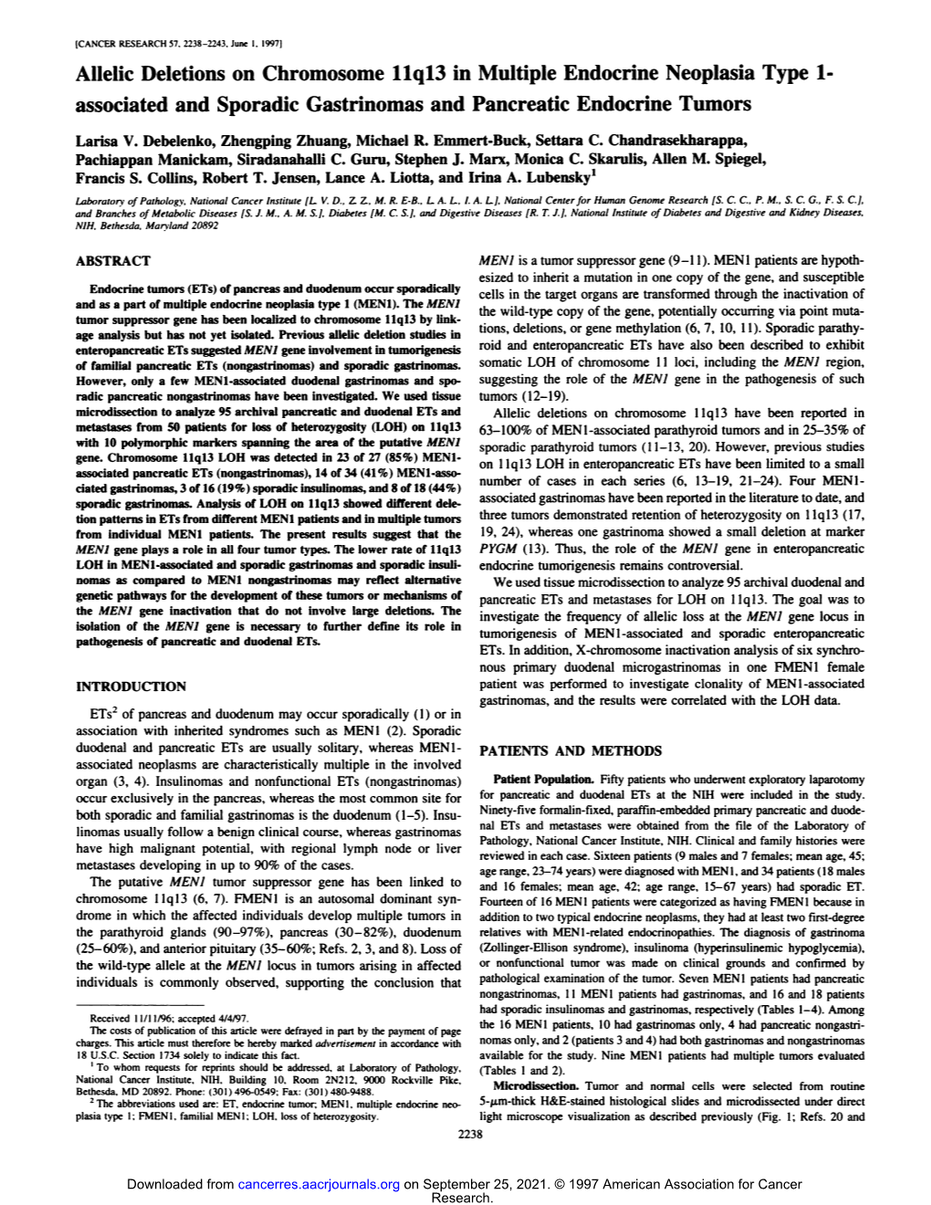 Allelic Deletions on Chromosome 11Q13 in Multiple Endocrine Neoplasia Type 1- Associated and Sporadic Gastrinomas and Pancreatic Endocrine Tumors