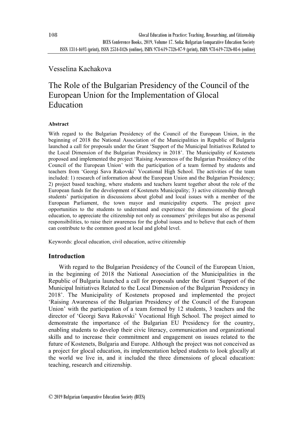 The Role of the Bulgarian Presidency of the Council of the European Union for the Implementation of Glocal Education