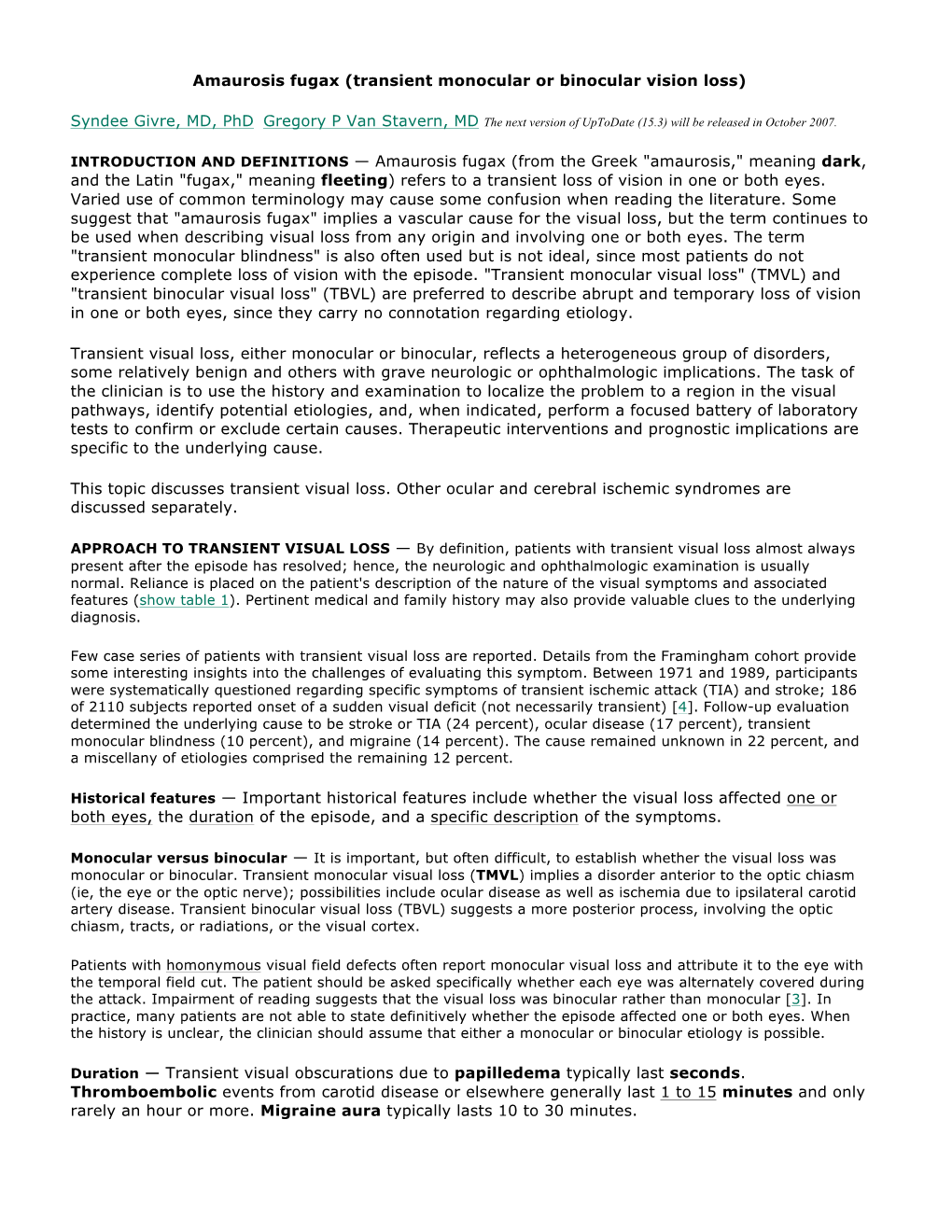 Amaurosis Fugax (Transient Monocular Or Binocular Vision Loss)