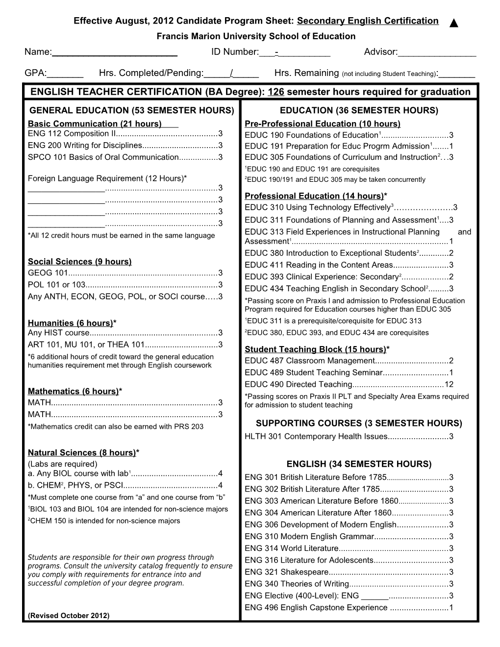 Candidate S Program Sheet/Social Studies Certification