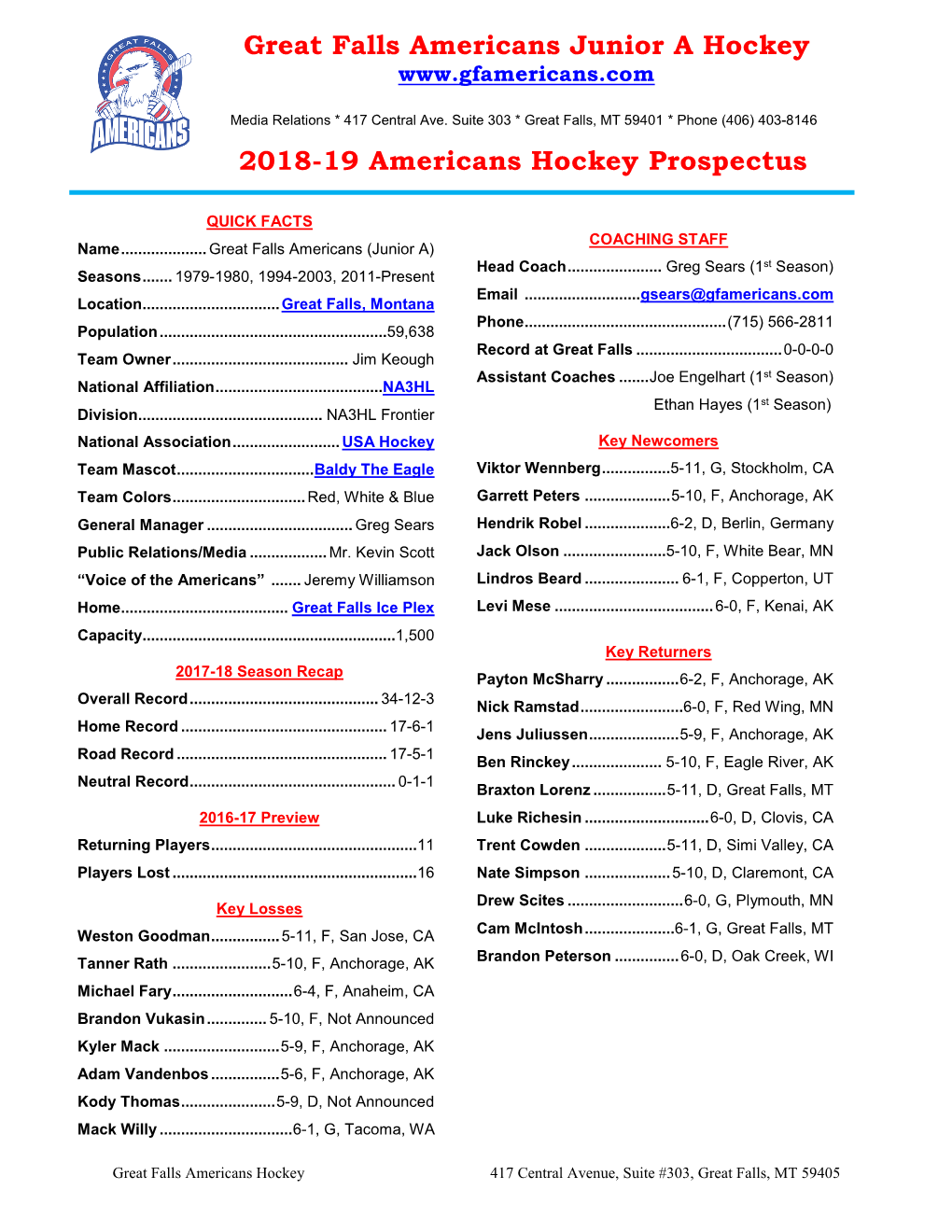 Great Falls Americans Junior a Hockey 2018-19 Americans Hockey