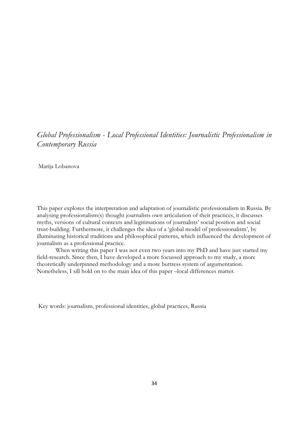 Journalistic Professionalism in Contemporary Russia