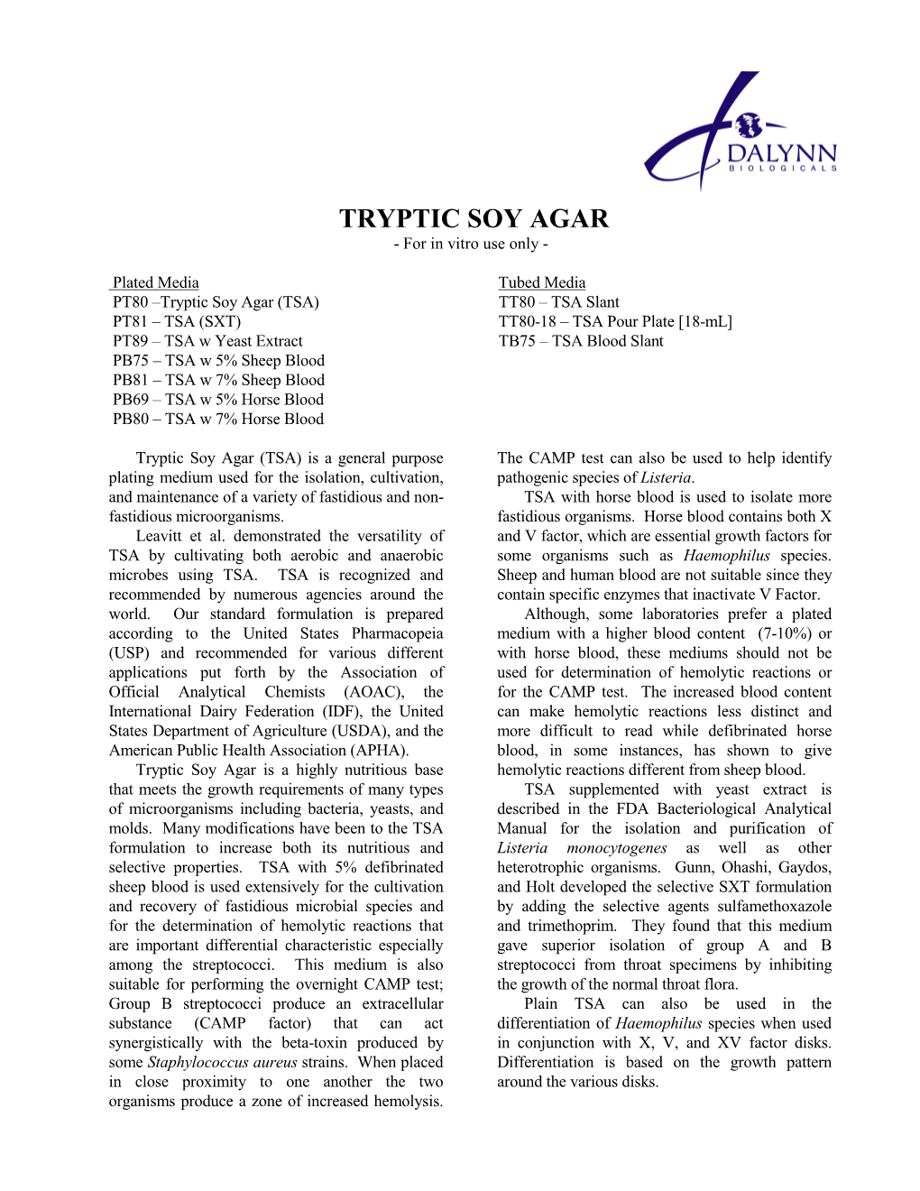 TRYPTIC SOY AGAR - for in Vitro Use Only