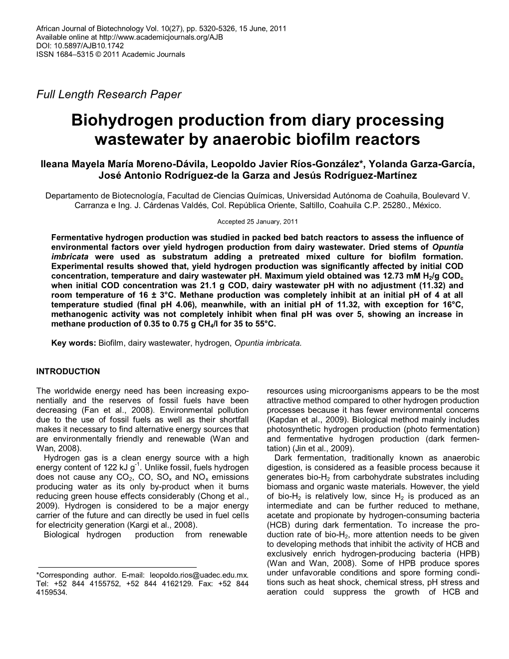 Biohydrogen Production from Diary Processing Wastewater by Anaerobic Biofilm Reactors