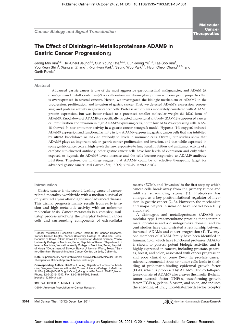 The Effect of Disintegrin–Metalloproteinase ADAM9 in Gastric Cancer Progression