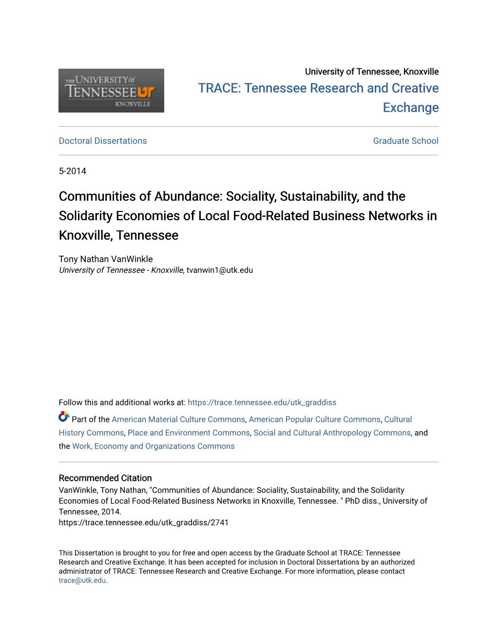 Sociality, Sustainability, and the Solidarity Economies of Local Food-Related Business Networks in Knoxville, Tennessee