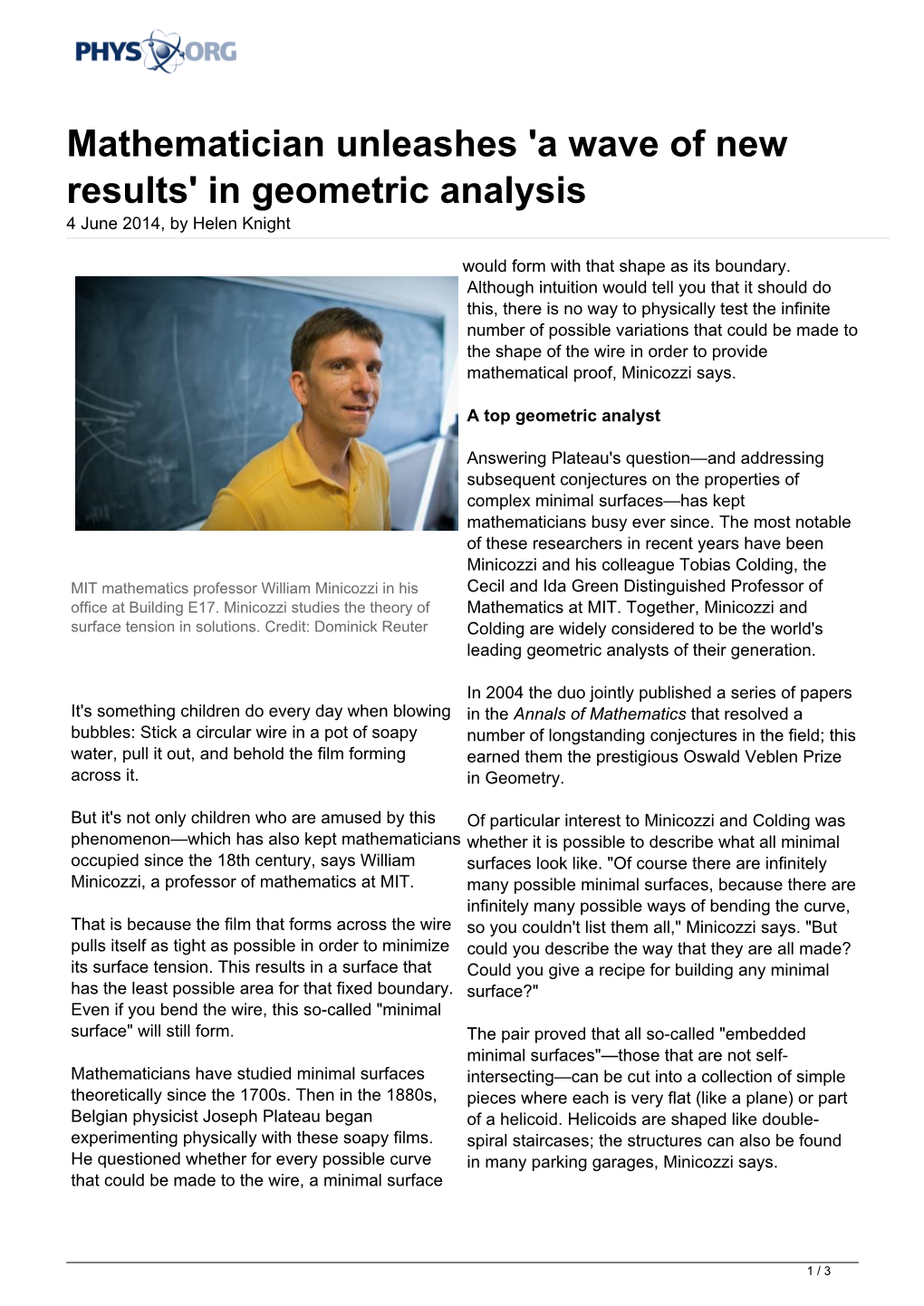 Mathematician Unleashes 'A Wave of New Results' in Geometric Analysis 4 June 2014, by Helen Knight