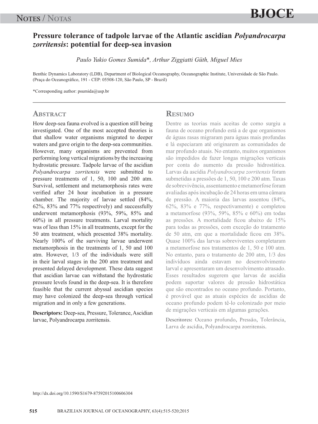 Notes / Notassumida Et Al.: Effects of Pressure on Early Ascidian Ontogenesis BJOCE