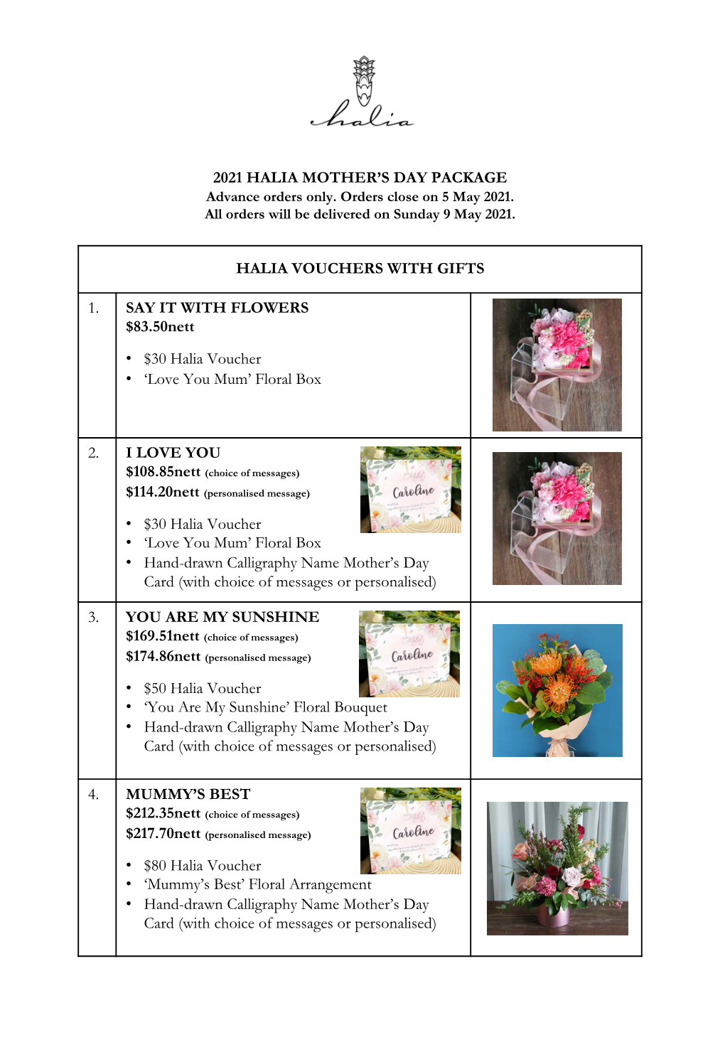 2021 Halia Mother's Day Package Halia Vouchers