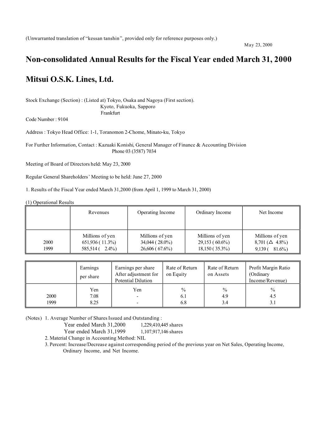 Non-Consolidated Financial Result[108KB]