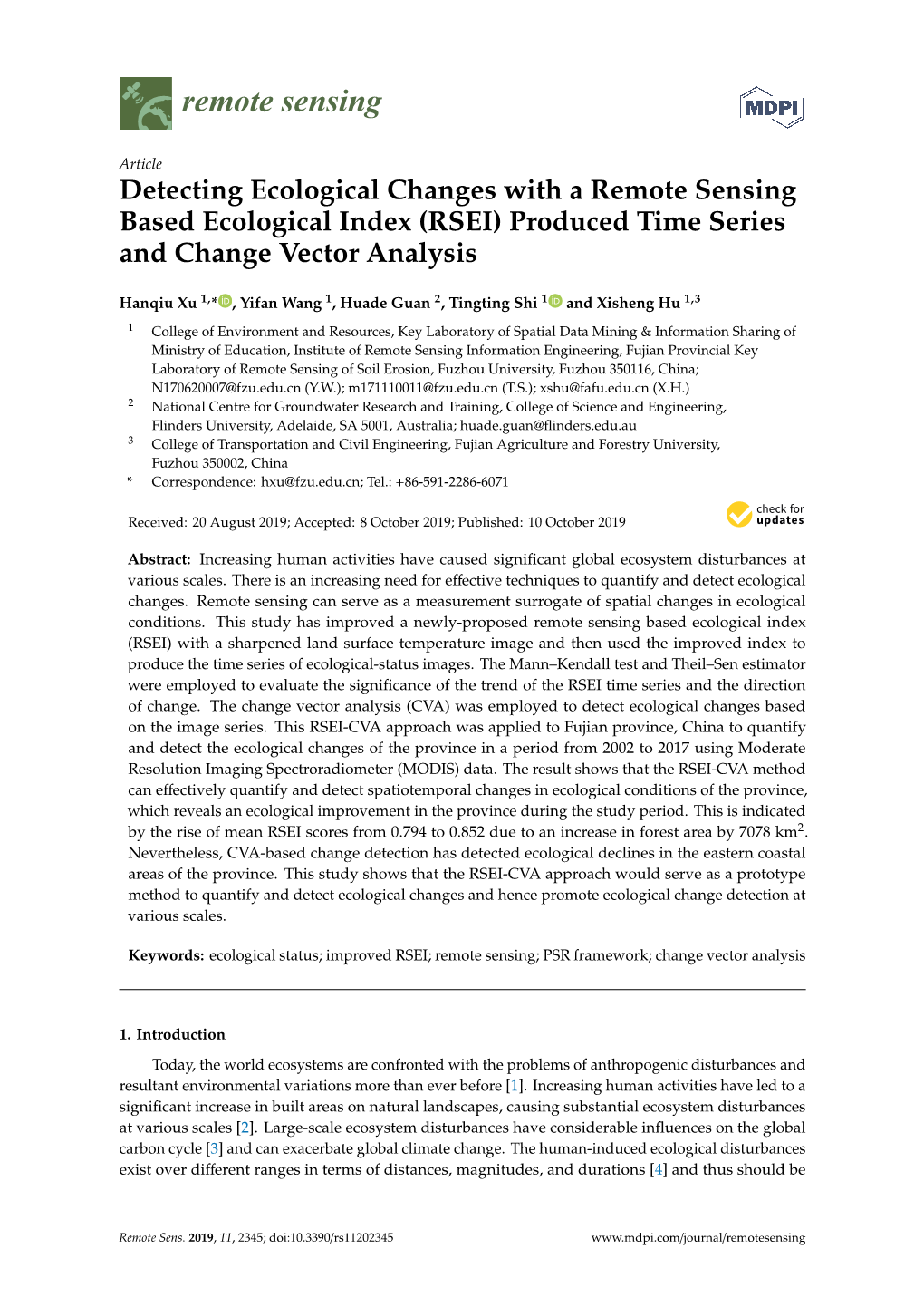 RSEI) Produced Time Series and Change Vector Analysis