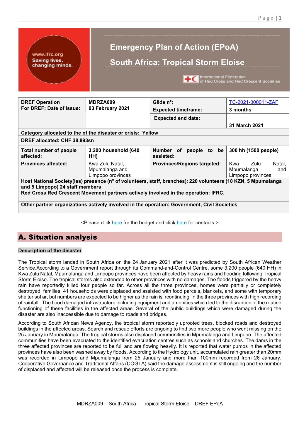 Emergency Plan of Action (Epoa) South Africa: Tropical Storm Eloise