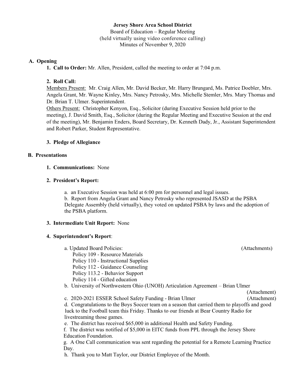 Jersey Shore Area School District Board of Education – Regular Meeting (Held Virtually Using Video Conference Calling) Minutes of November 9, 2020