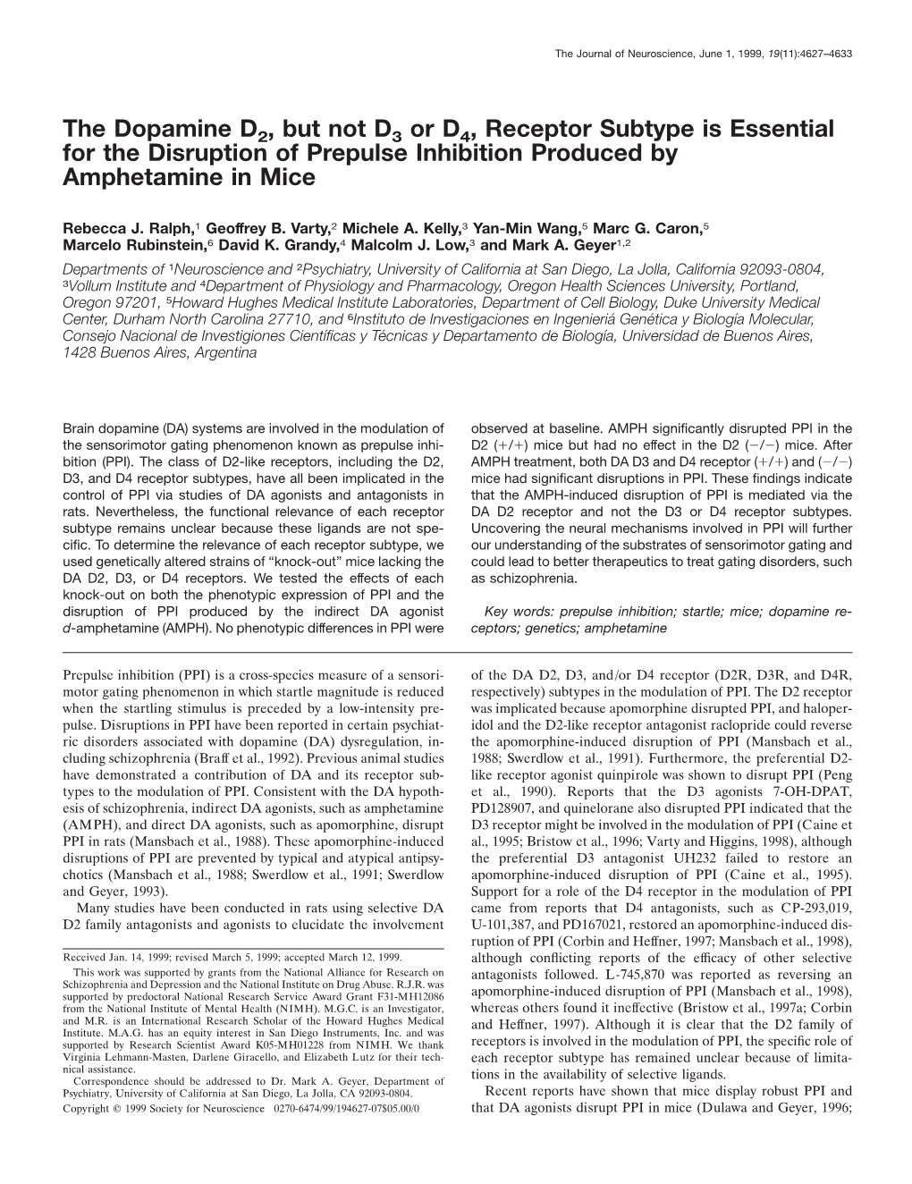 The Dopamine D2, but Not D3 Or D4, Receptor Subtype Is Essential for the Disruption of Prepulse Inhibition Produced by Amphetamine in Mice