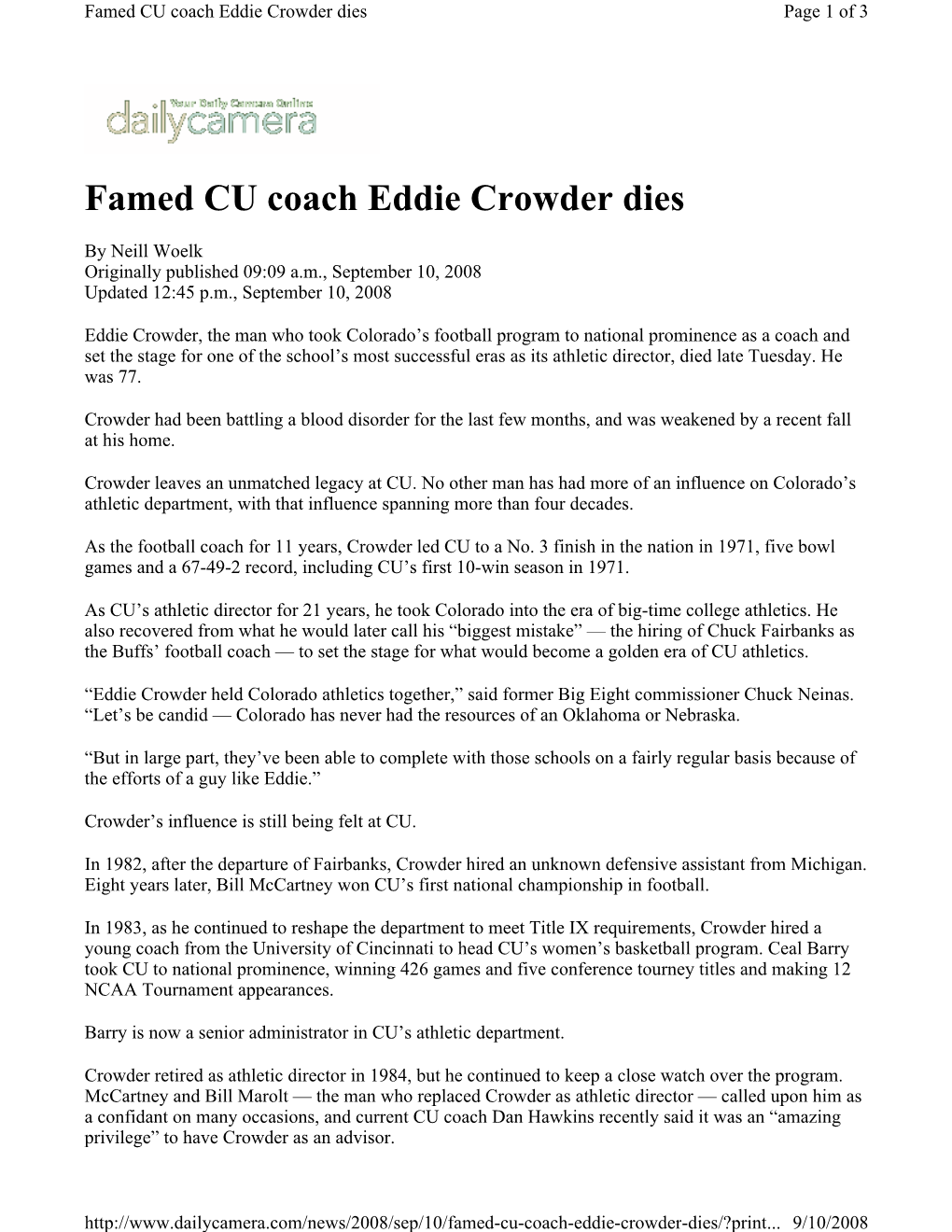 Famed CU Coach Eddie Crowder Dies Page 1 of 3