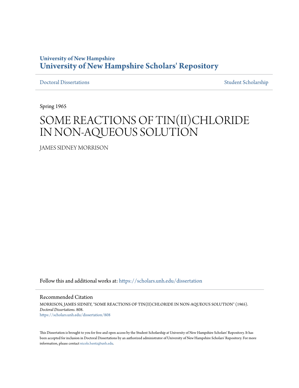 Some Reactions of Tin(Ii)Chloride in Non-Aqueous Solution James Sidney Morrison